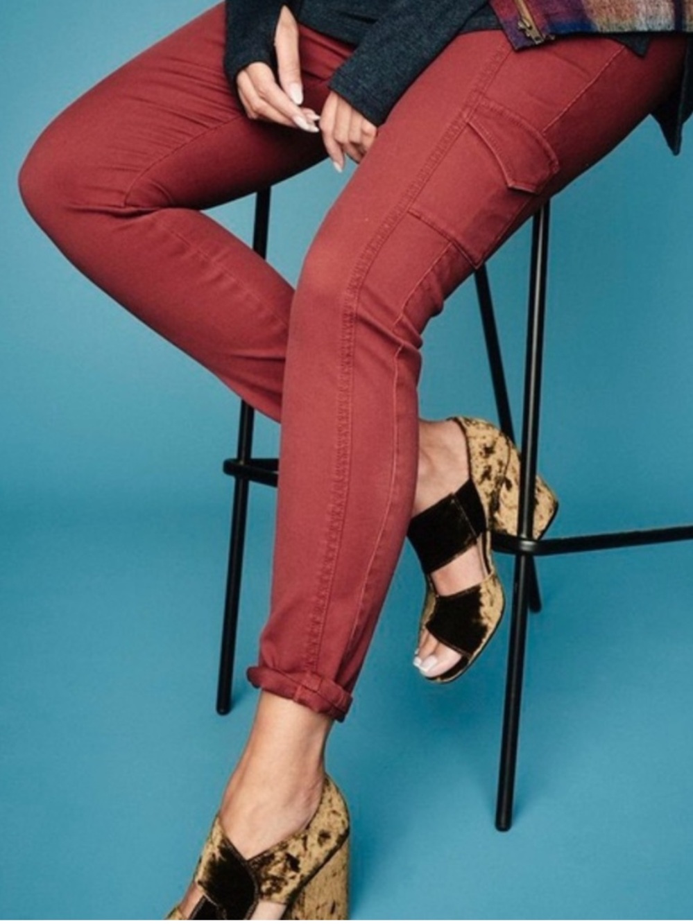 CABI 3566 The Drifter Corduroy Cargo Skinny Pants Rust Brown Red 8